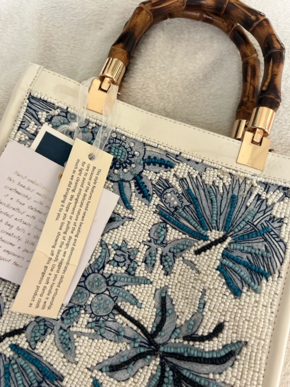Embroidered Beaded Top-Handle Tote in Ivory and Blue - Picture 9 of 9